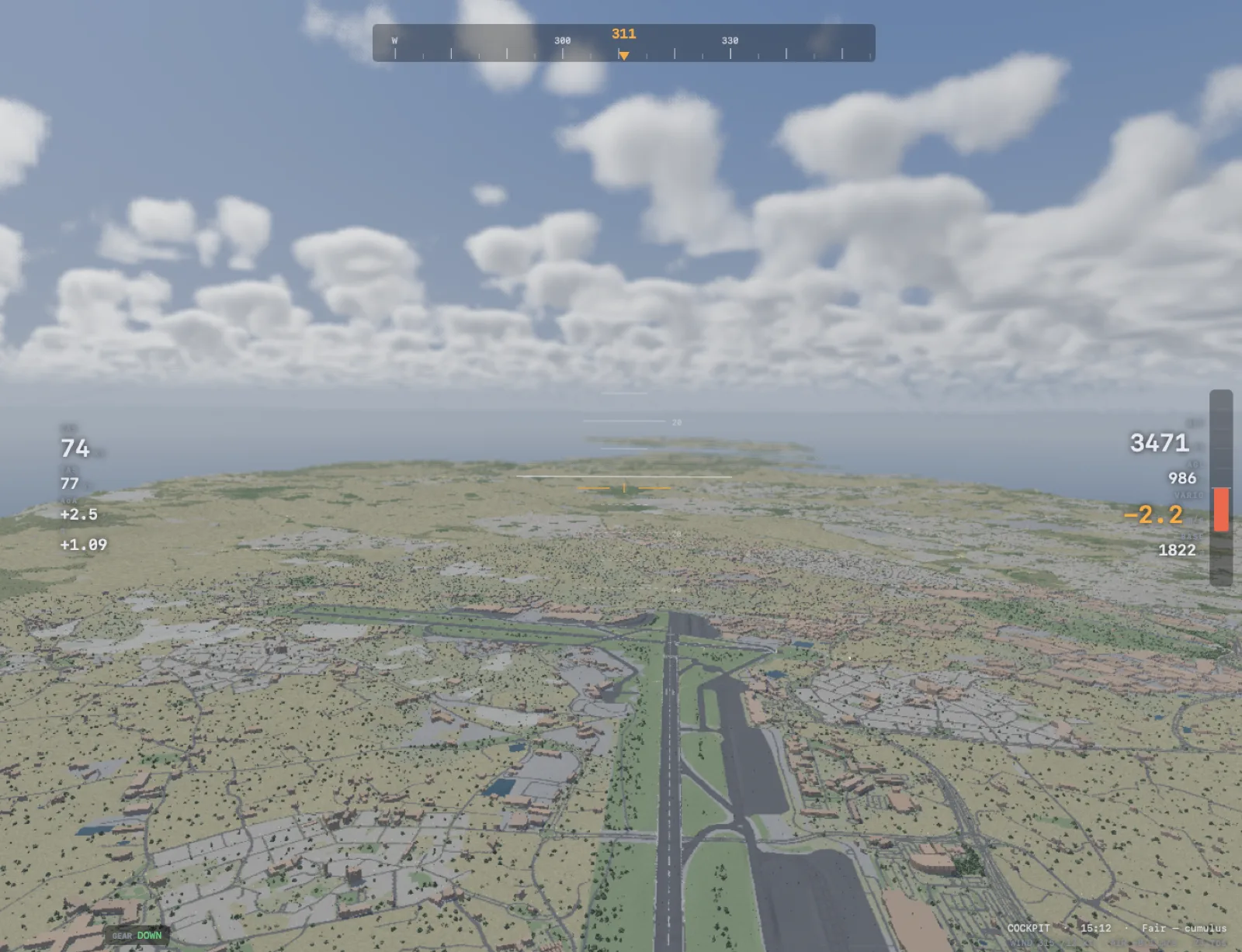 Glider on approach over a coastal plain, runway ahead, scattered cumulus above