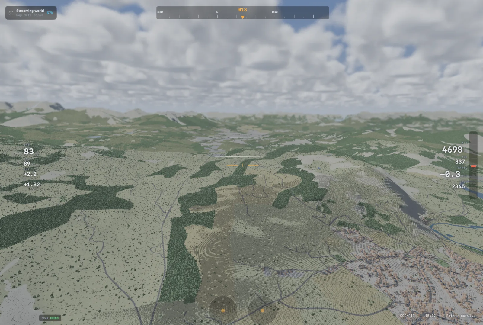 Voxel terrain of forested ridges and valleys with world streaming indicator in the corner